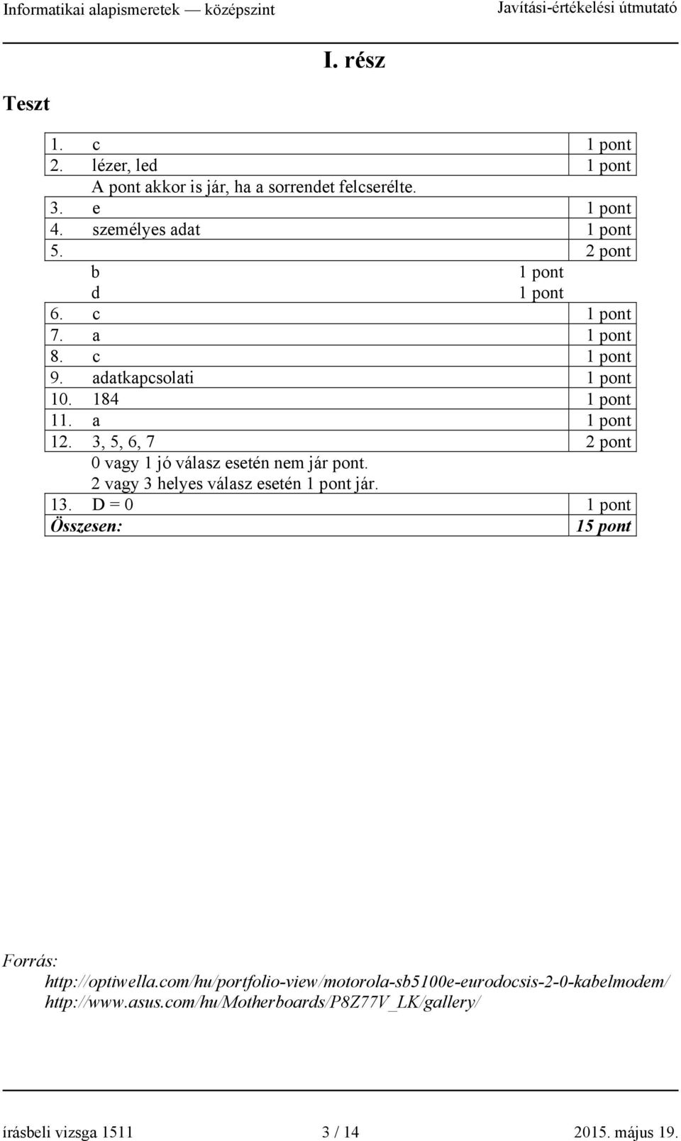 2 vagy 3 helyes válasz esetén jár. 13. D = 0 15 pont Forrás: http://optiwella.