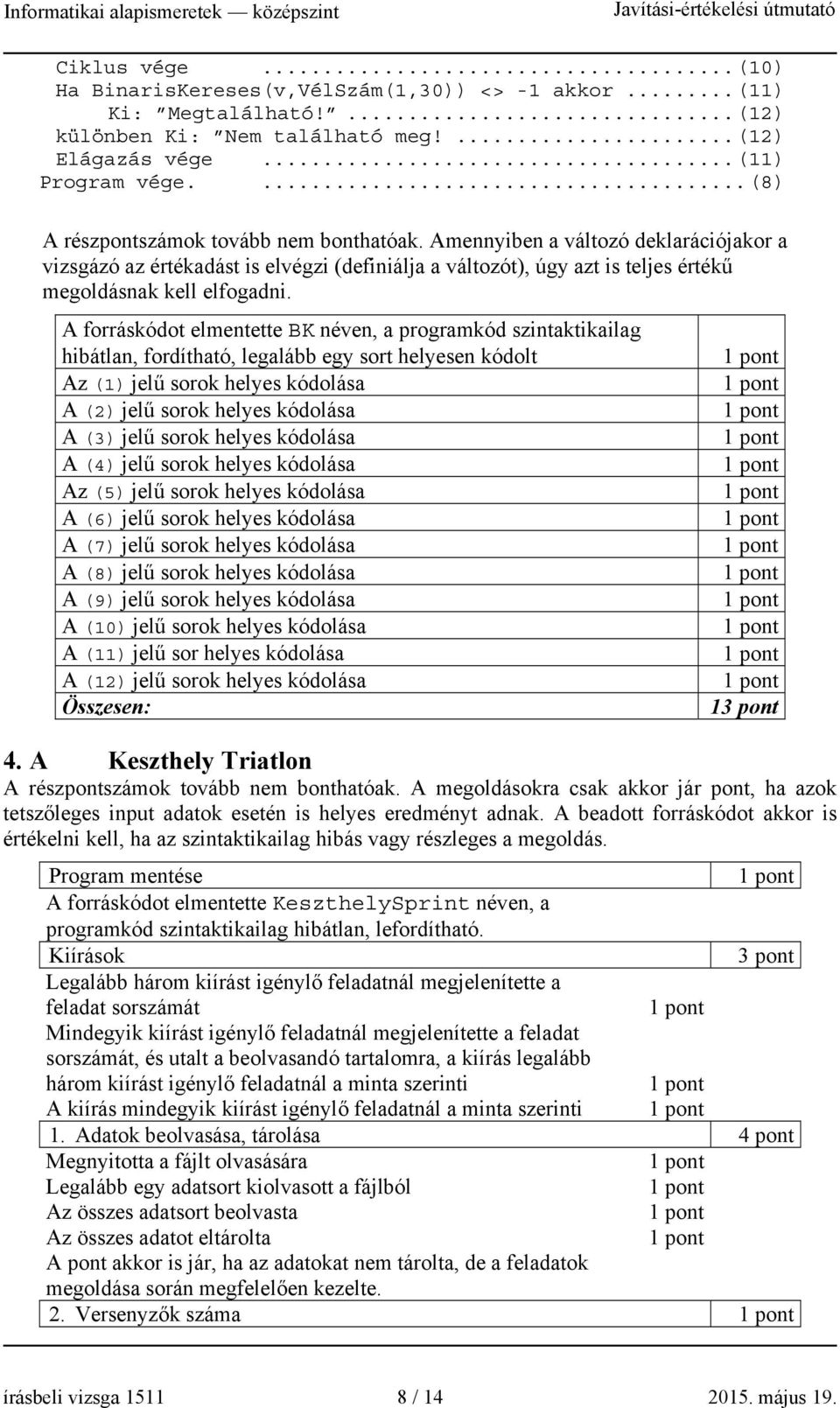 A forráskódot elmentette BK néven, a programkód szintaktikailag hibátlan, fordítható, legalább egy sort helyesen kódolt Az (1) jelű sorok helyes kódolása A (2) jelű sorok helyes kódolása A (3) jelű