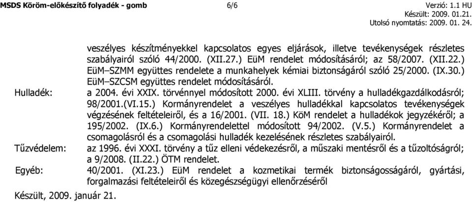 évi XXIX. törvénnyel módosított 2000. évi XLIII. törvény a hulladékgazdálkodásról; 98/2001.(VI.15.