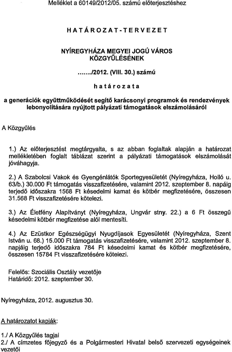 ) Az előterjesztést megtárgyalta, s az abban foglaltak alapján a határozat mellékletében foglalt táblázat szerint a pályázati támogatások elszámolását jóváhagyja. 2.