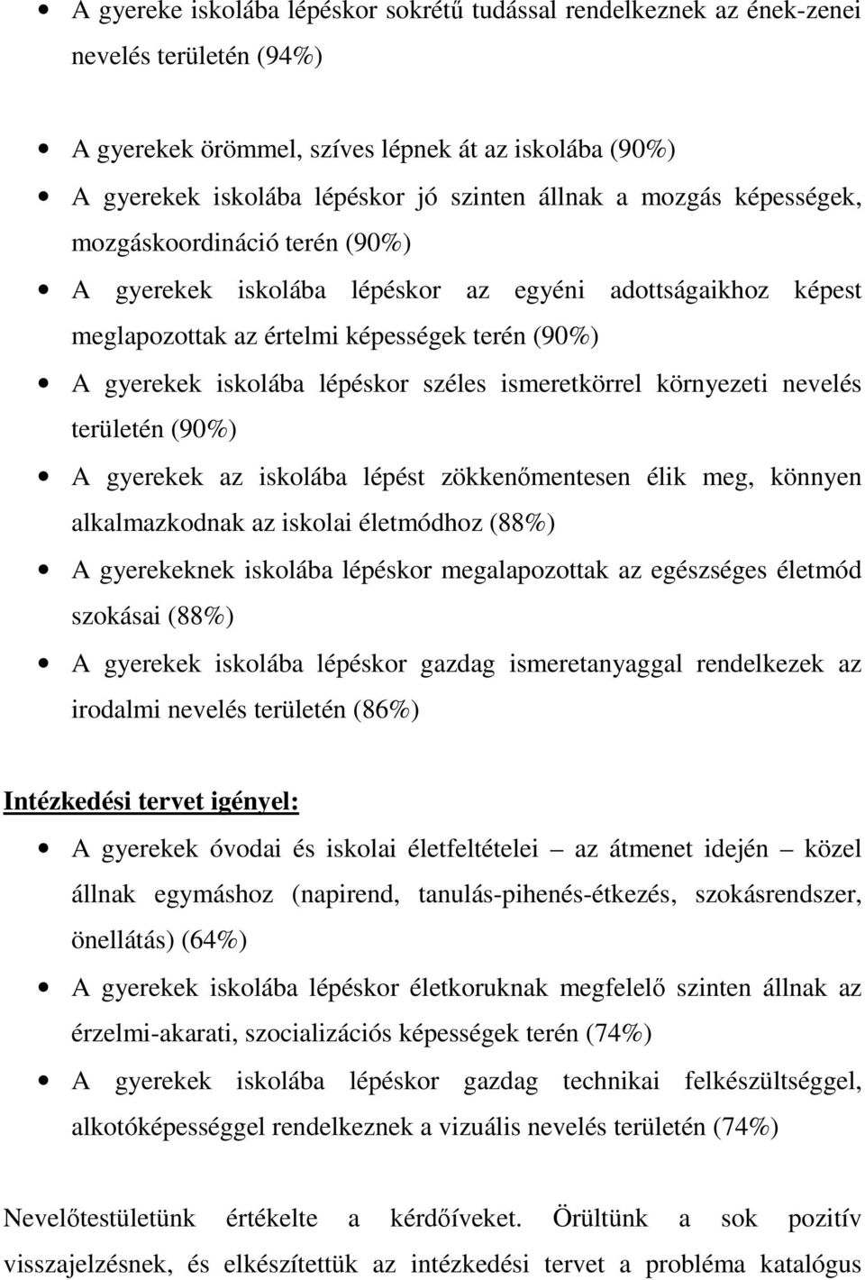 ismeretkörrel környezeti nevelés területén (90%) A gyerekek az iskolába lépést zökkenőmentesen élik meg, könnyen alkalmazkodnak az iskolai életmódhoz (88%) A gyerekeknek iskolába lépéskor