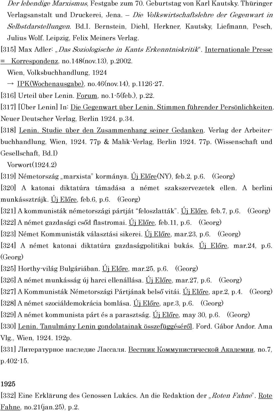 Internationale Presse = Korrespondenz, no.148(nov.13), p.2002. Wien, Volksbuchhandlung, 1924 IPK(Wochenausgabe), no.46(nov.14), p.1126-27. [316] Urteil über Lenin. Forum, no.1-5(feb.), p.22.