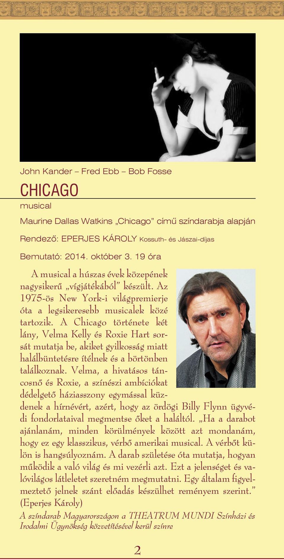 A Chicago története két lány, Velma Kelly és Roxie Hart sorsát mutatja be, akiket gyilkosság miatt halálbüntetésre ítélnek és a börtönben találkoznak.