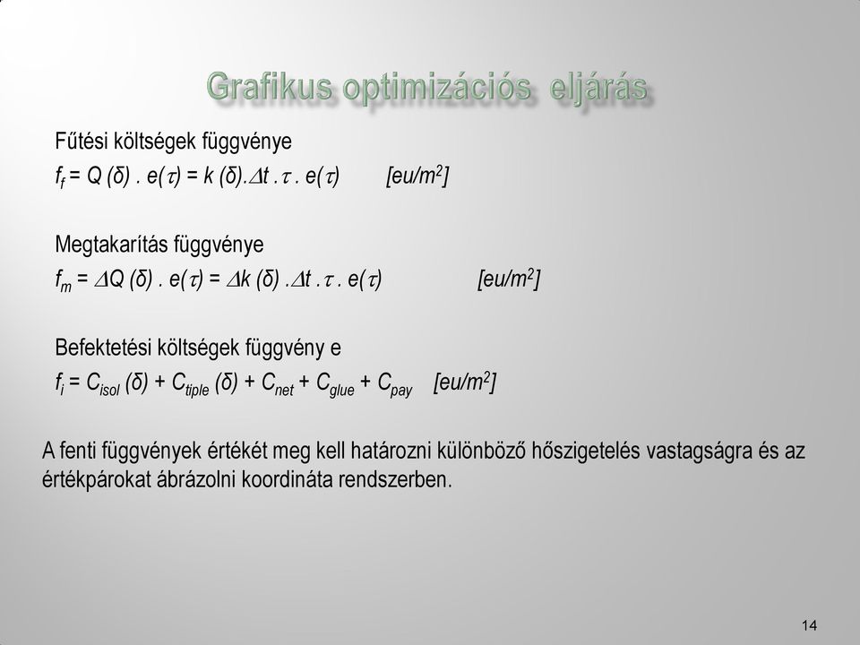 (δ) + C net + C glue + C pay [eu/m 2 ] A fenti függvények értékét meg kell határozni különböző