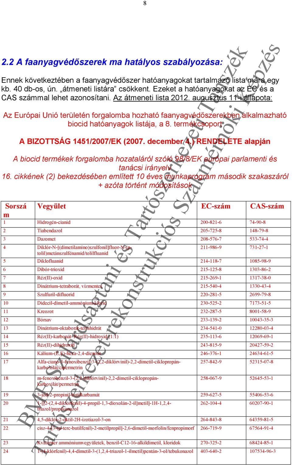 augusztus 11-i állapota: Az Európai Unió területén forgalomba hozható faanyagvédőszerekben alkalmazható biocid hatóanyagok listája, a 8. termékcsoport A BIZOTTSÁG 1451/2007/EK (2007. december 4.