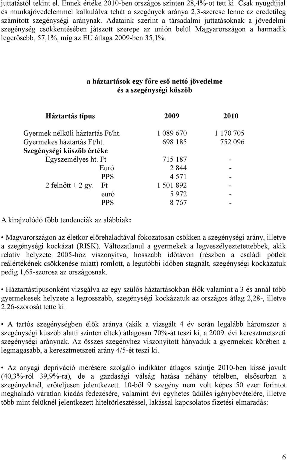 Adataink szerint a társadalmi juttatásoknak a jövedelmi szegénység csökkentésében játszott szerepe az unión belül Magyarországon a harmadik legerősebb, 57,1%, míg az EU átlaga 2009-ben 35,1%.