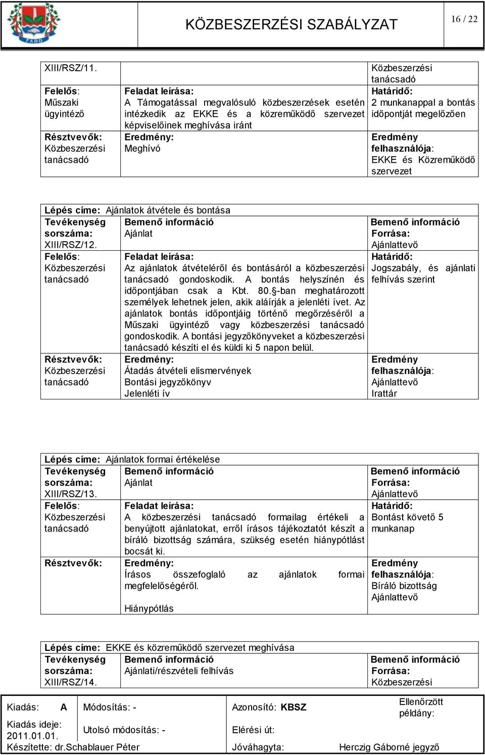 Közreműködő szervezet Lépés címe: Ajánlatok átvétele és bontása Tevékenység sorszáma: Ajánlat XIII/RSZ/12. Az ajánlatok átvételéről és bontásáról a közbeszerzési gondoskodik.