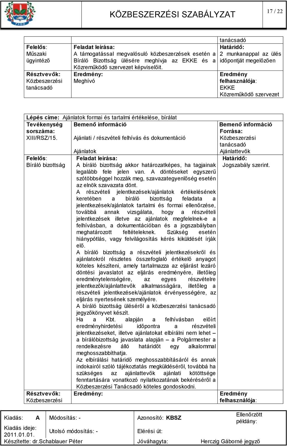 Ajánlati / részvételi felhívás és dokumentáció Bíráló bizottság Ajánlatok A bíráló bizottság akkor határozatképes, ha tagjainak legalább fele jelen van.