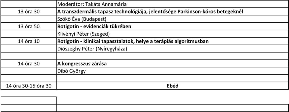 Klivényi Péter (Szeged) 14 óra 10 Rotigotin - klinikai tapasztalatok, helye a terápiás