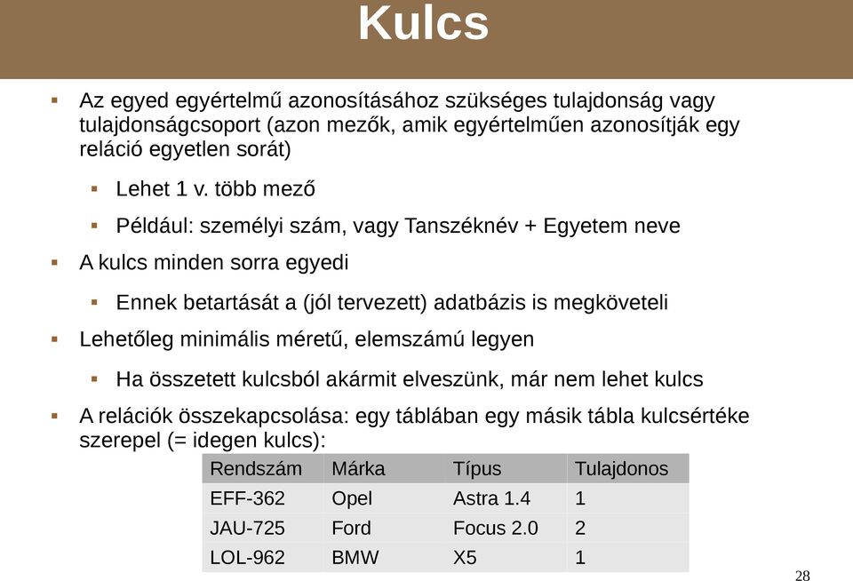 több mező Például: személyi szám, vagy Tanszéknév + Egyetem neve A kulcs minden sorra egyedi Ennek betartását a (jól tervezett) adatbázis is megköveteli