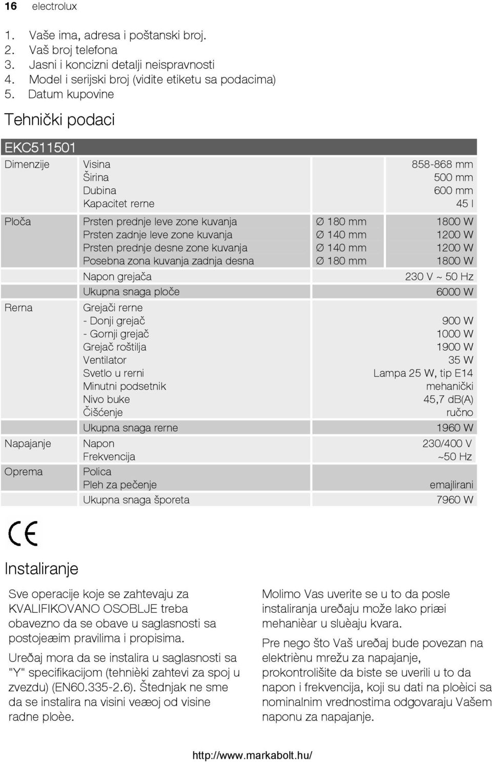 desne zone kuvanja Posebna zona kuvanja zadnja desna Napon grejača Ukupna snaga ploče Grejači rerne - Donji grejač - Gornji grejač Grejač roštilja Ventilator Svetlo u rerni Minutni podsetnik Nivo