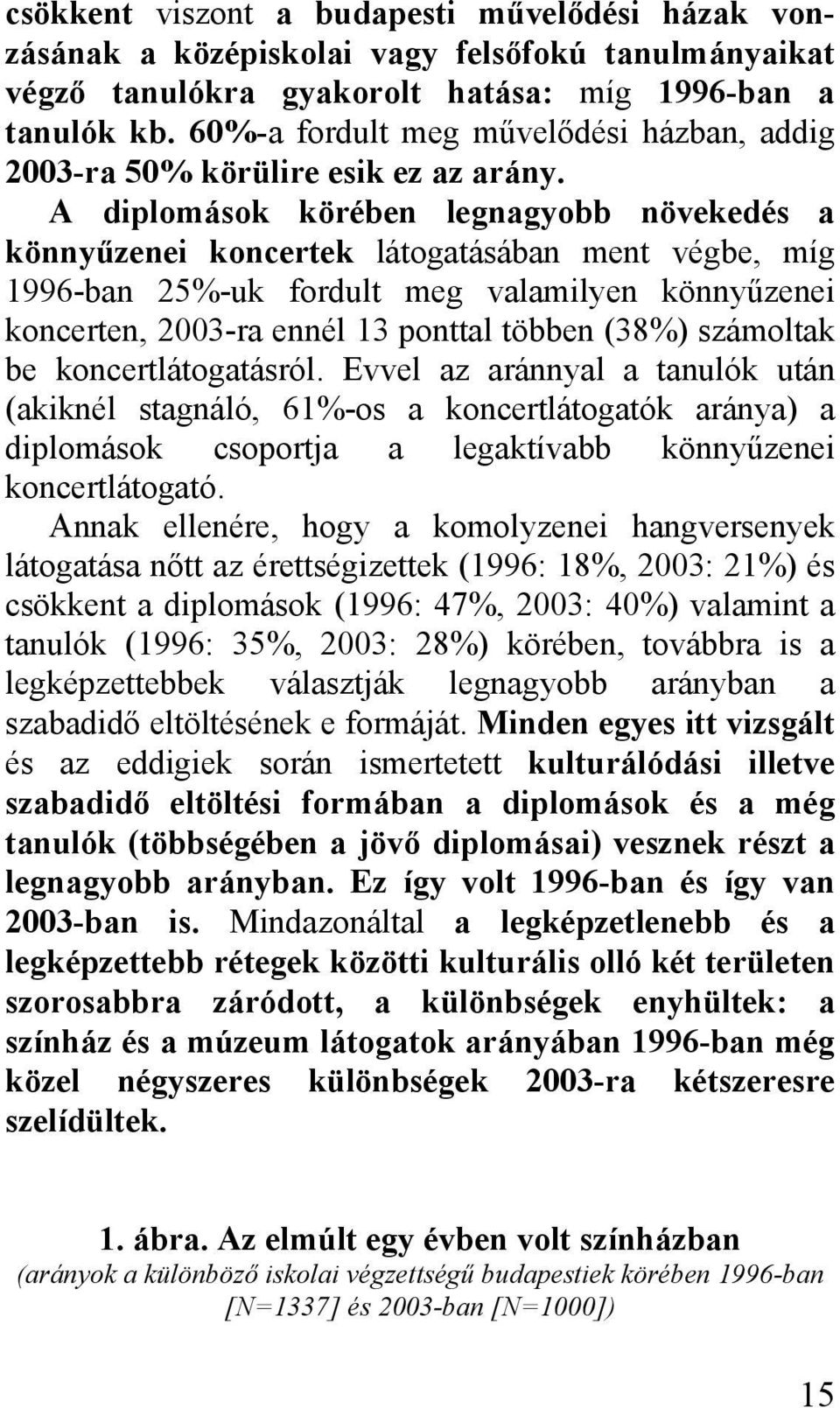 A diplomások körében legnagyobb növekedés a könnyűzenei koncertek látogatásában ment végbe, míg 1996-ban 25%-uk fordult meg valamilyen könnyűzenei koncerten, 2003-ra ennél 13 ponttal többen (38%)