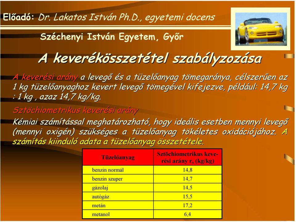 Sztöchiometrikus keverési arány Kémiai számítással meghatározható, hogy ideális esetben mennyi levegő l (mennyi oxigén) szükséges a