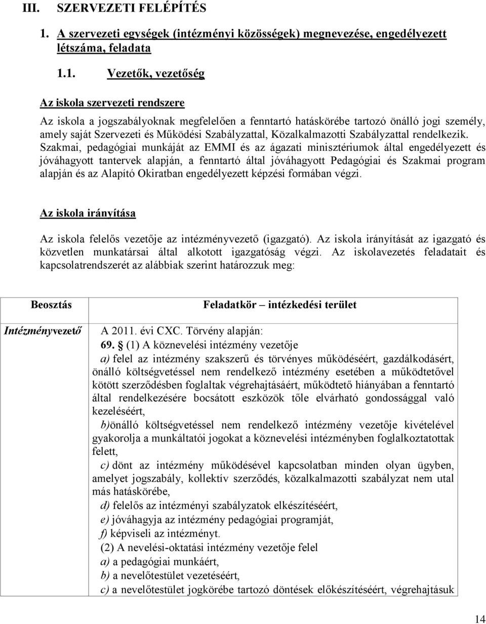 1. Vezetők, vezetőség Az iskola szervezeti rendszere Az iskola a jogszabályoknak megfelelően a fenntartó hatáskörébe tartozó önálló jogi személy, amely saját Szervezeti és Működési Szabályzattal,