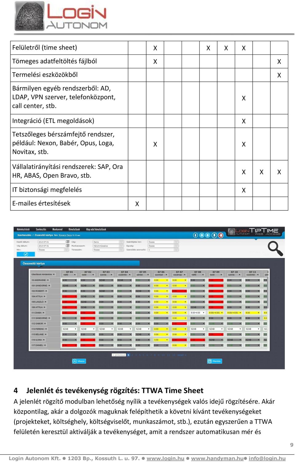 IT biztonsági megfelelés E-mailes értesítések 4 Jelenlét és tevékenység rögzítés: TTWA Time Sheet A jelenlét rögzítő modulban lehetőség nyílik a tevékenységek valós idejű rögzítésére.