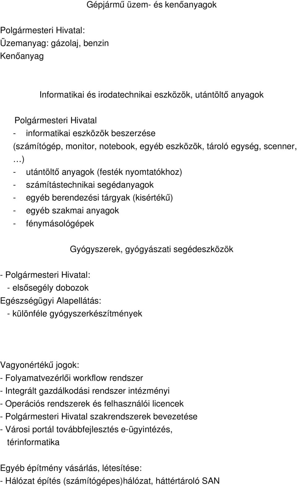 szakmai anyagok fénymásológépek Gyógyszerek, gyógyászati segédeszközök Polgármesteri Hivatal: elsősegély dobozok Egészségügyi Alapellátás: különféle gyógyszerkészítmények Vagyonértékű jogok: