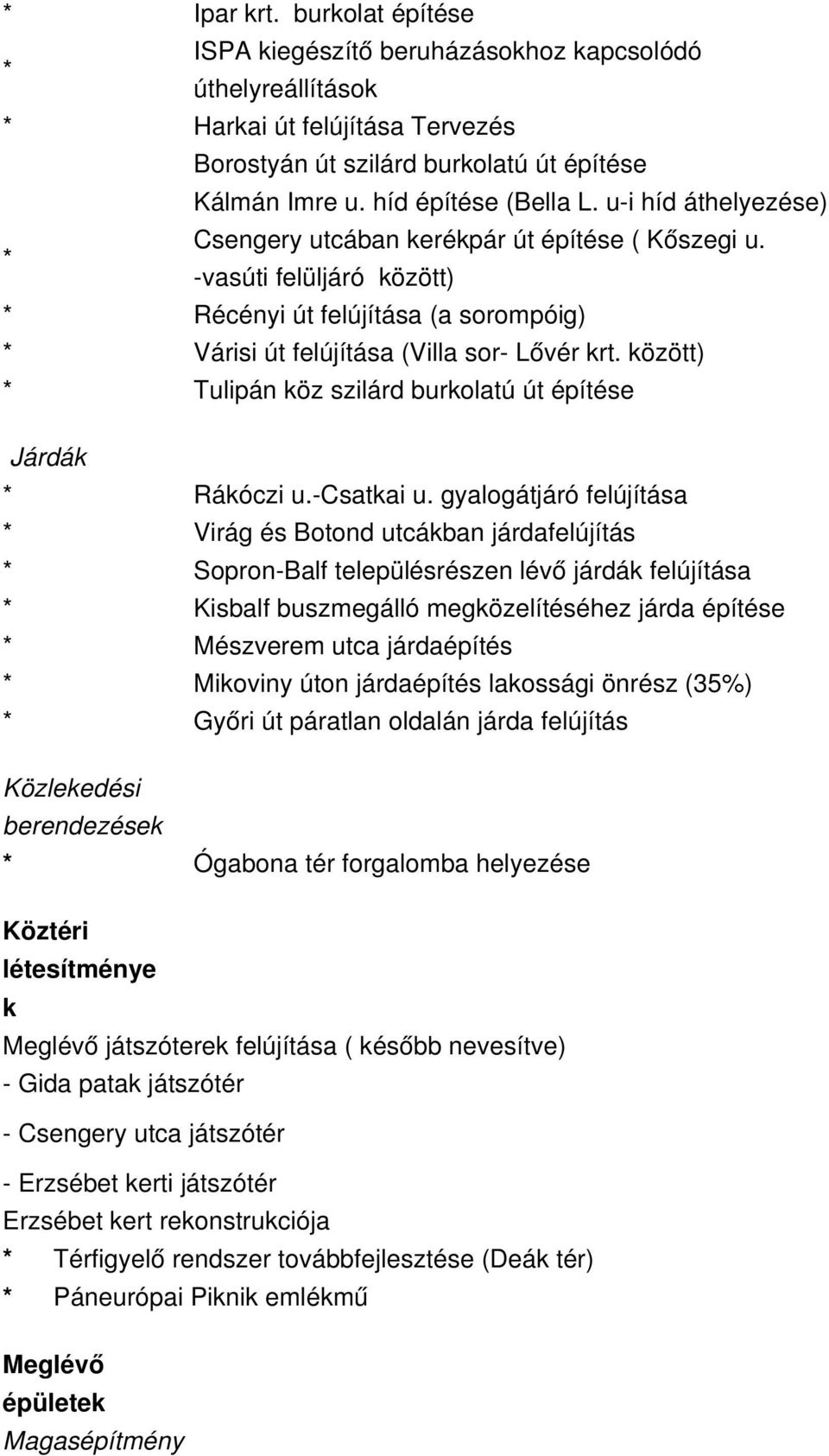 között) Tulipán köz szilárd burkolatú út építése Járdák Rákóczi u. Csatkai u.