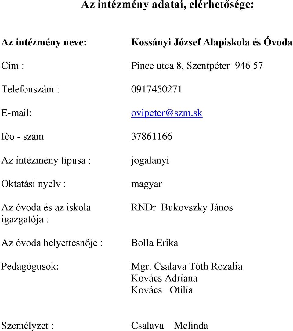 sk Ičo - szám 37861166 Az intézmény típusa : Oktatási nyelv : Az óvoda és az iskola igazgatója : Az óvoda