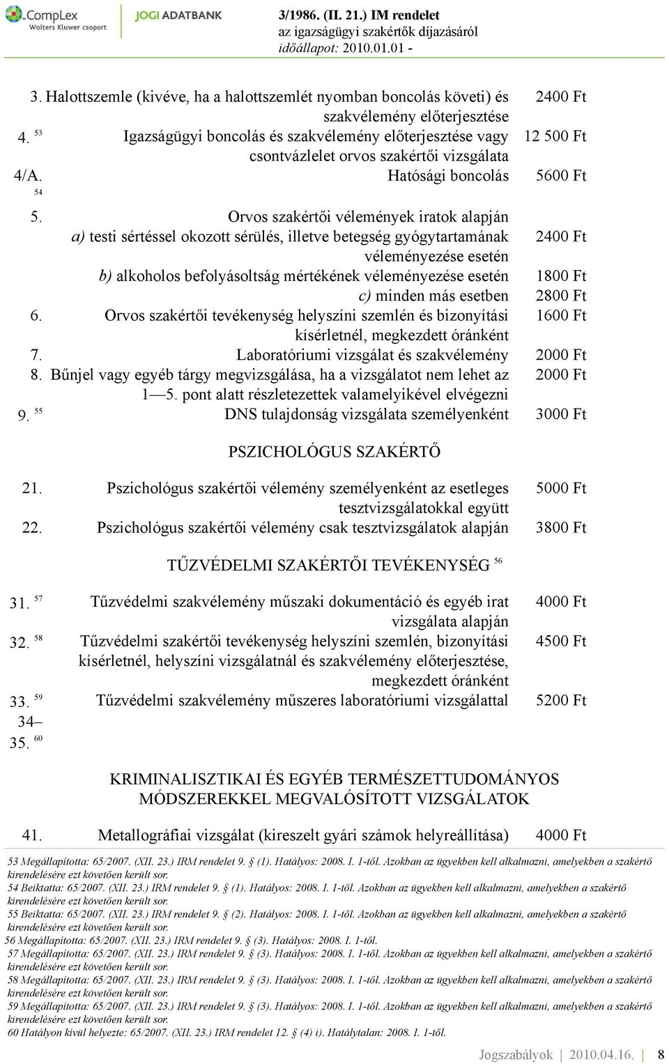 Orvos szakértői vélemények iratok alapján a) testi sértéssel okozott sérülés, illetve betegség gyógytartamának 2400 Ft véleményezése esetén b) alkoholos befolyásoltság mértékének véleményezése esetén