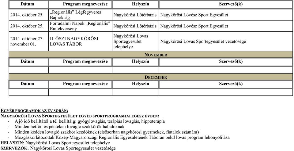 beálltától a tél beálltáig: gyógylovaglás, terápiás lovaglás, hippoterápia - Minden hétfőn és pénteken lovagló szakkörök haladóknak - Minden kedden lovagló szakkör