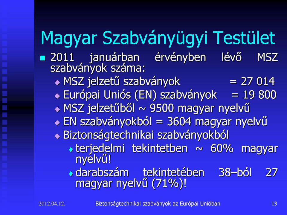 3604 magyar nyelvű Biztonságtechnikai szabványokból terjedelmi tekintetben ~ 60% magyar nyelvű!