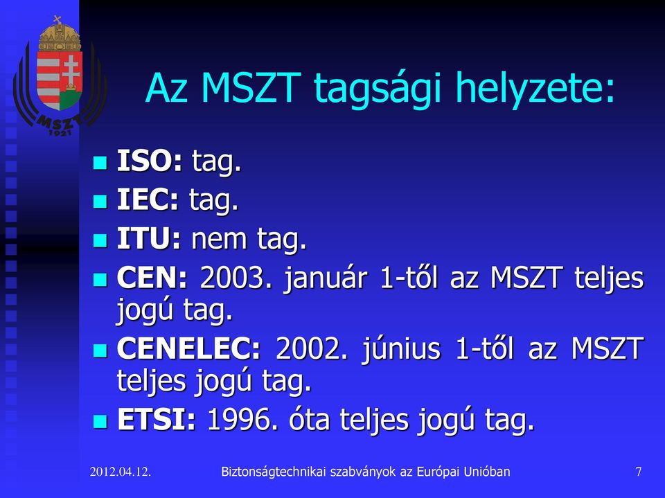 június 1-től az MSZT teljes jogú tag. ETSI: 1996.