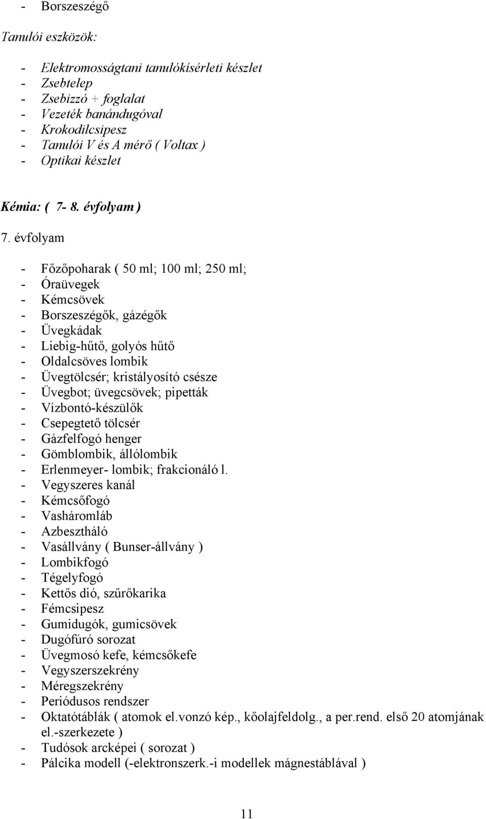 évfolyam - Főzőpoharak ( 50 ml; 100 ml; 250 ml; - Óraüvegek - Kémcsövek - Borszeszégők, gázégők - Üvegkádak - Liebig-hűtő, golyós hűtő - Oldalcsöves lombik - Üvegtölcsér; kristályosító csésze -