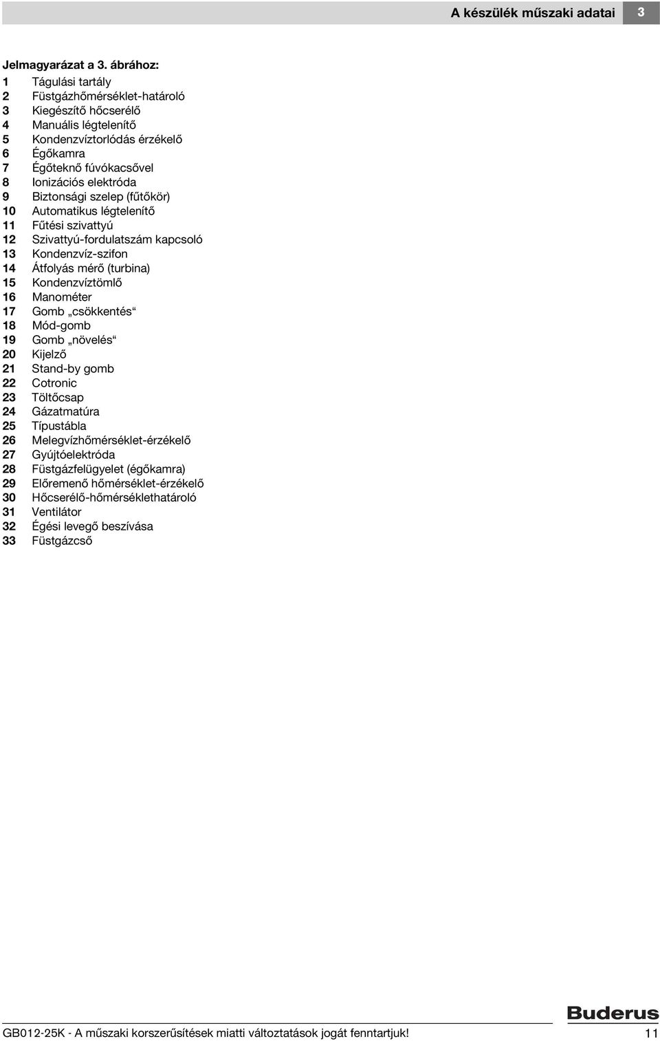 Biztonsági szelep (fűtőkör) 10 Automatikus légtelenítő 11 Fűtési szivattyú 12 Szivattyú-fordulatszám kapcsoló 13 Kondenzvíz-szifon 14 Átfolyás mérő (turbina) 15 Kondenzvíztömlő 16 Manométer 17 Gomb