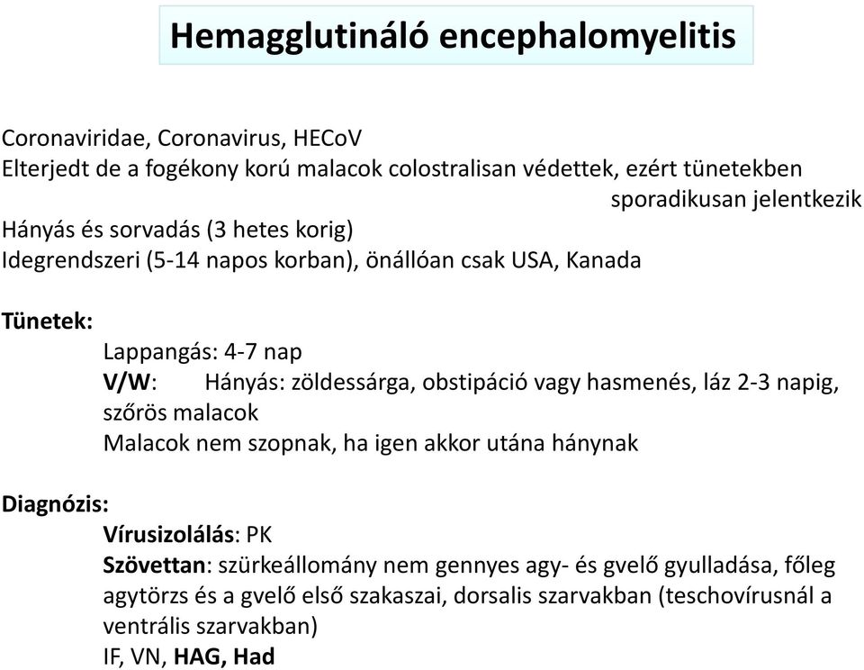 zöldessárga, obstipáció vagy hasmenés, láz 2-3 napig, szőrös malacok Malacok nem szopnak, ha igen akkor utána hánynak Diagnózis: Vírusizolálás: PK Szövettan: