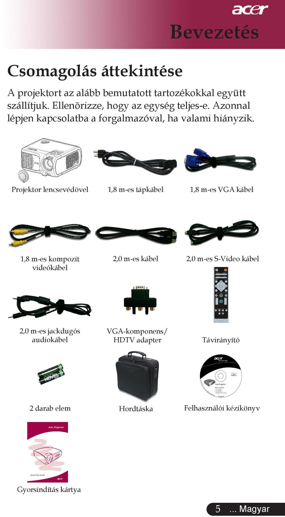 Projektor lencsevédõvel 1,8 m-es tápkábel 1,8 m-es VGA kábel 1,8 m-es kompozit videókábel 2,0 m-es kábel 2,0 m-es