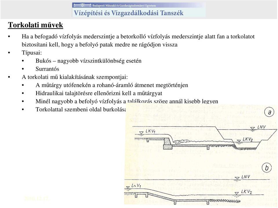 kialakításának szempontjai: A mőtárgy utófenekén a rohanó-áramló átmenet megtörténjen Hidraulikai talajtörésre ellenırizni kell a