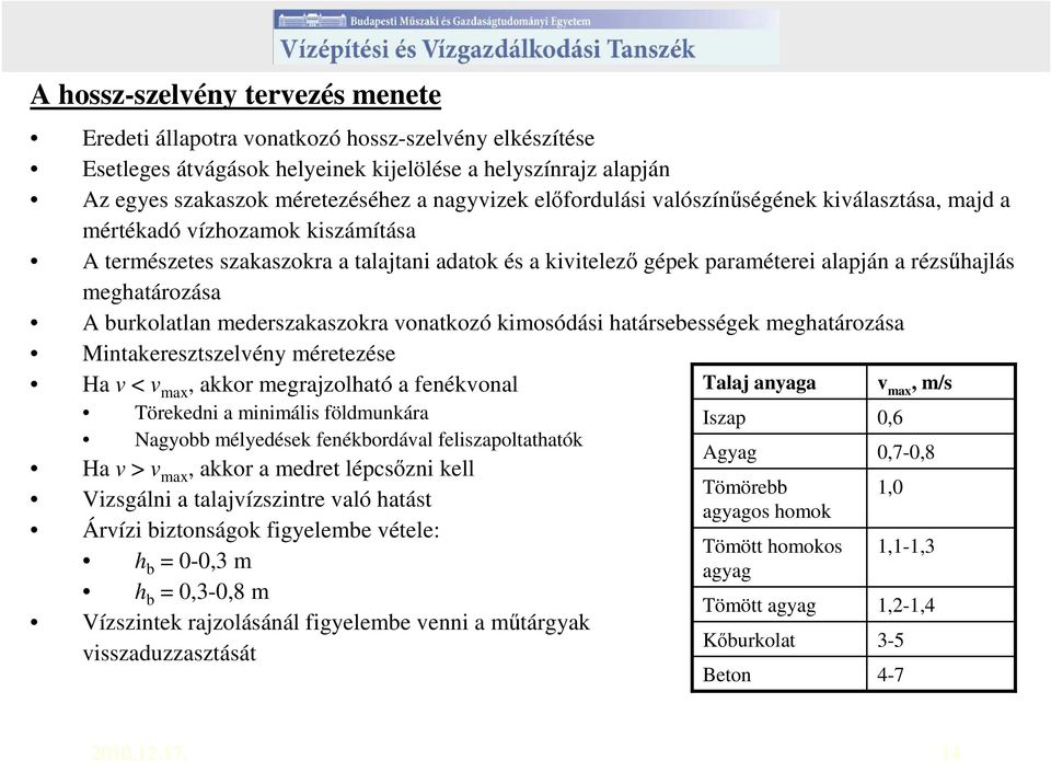 A burkolatlan mederszakaszokra vonatkozó kimosódási határsebességek meghatározása Mintakeresztszelvény méretezése Ha v < v max, akkor megrajzolható a fenékvonal Törekedni a minimális földmunkára