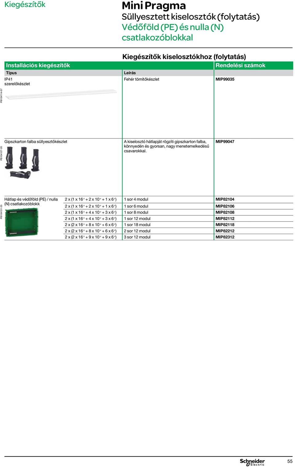 MIP99047 PB104131-35 Hátlap és védőföld (PE) / nulla (N) csatlakozóblokk 2 x (1 x 16 v + 2 x 10 v + 1 x 6 v ) 1 sor 4 modul MIP82104 2 x (1 x 16 v + 2 x 10 v + 1 x 6 v ) 1 sor 6 modul MIP82106 2 x (1