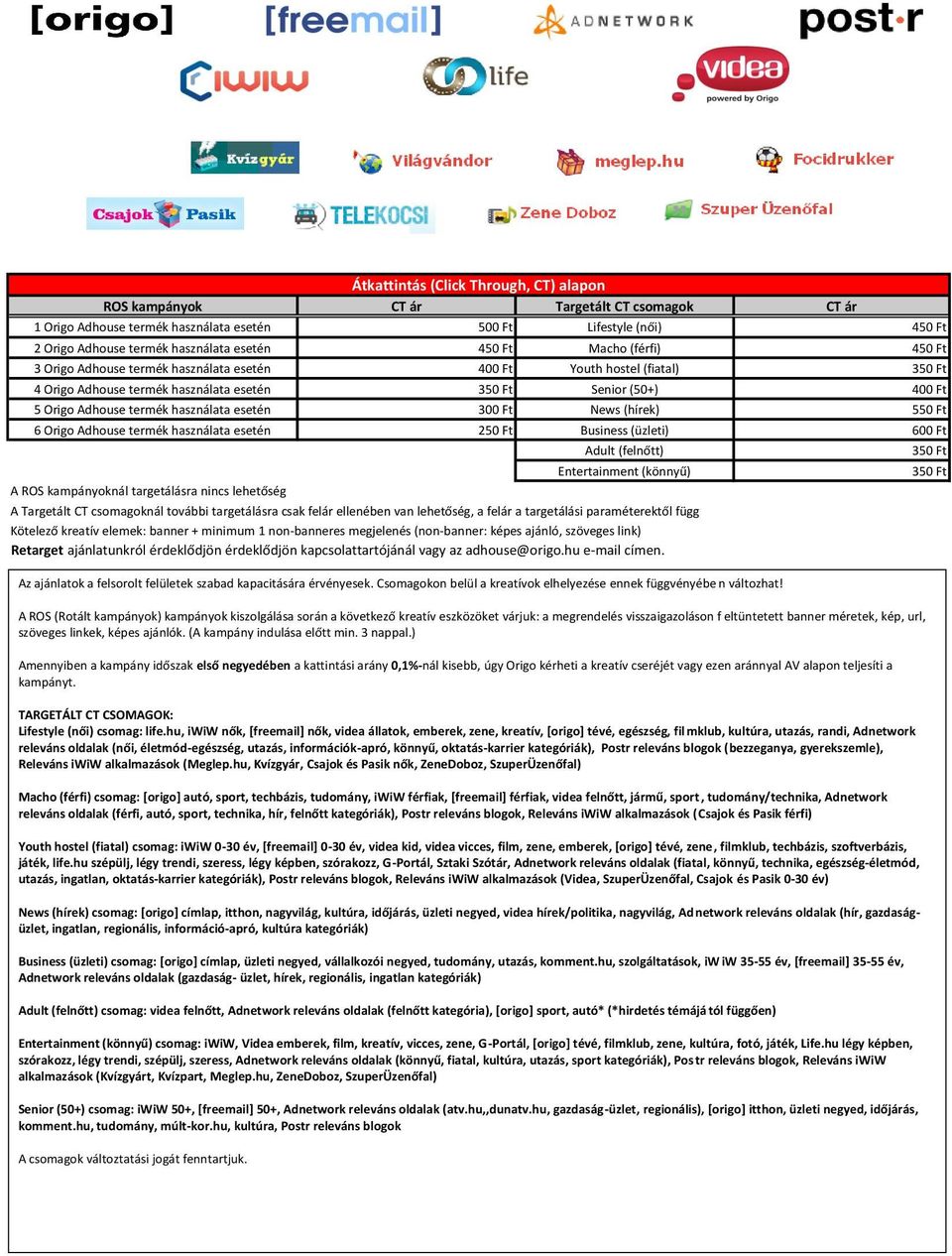 használata esetén 300 Ft News (hírek) 550 Ft 6 Origo Adhouse termék használata esetén 250 Ft Business (üzleti) 600 Ft A ROS kampányoknál targetálásra nincs lehetőség Adult (felnőtt) A Targetált CT