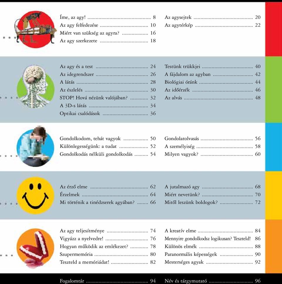 .. 48 Gondolkodom, tehát vagyok... 50 Különlegességünk: a tudat... 52 Gondolkodás nélküli gondolkodás... 54 Gondolatolvasás... 56 A személyiség... 58 Milyen vagyok?... 60 Az érző elme... 62 Érzelmek.