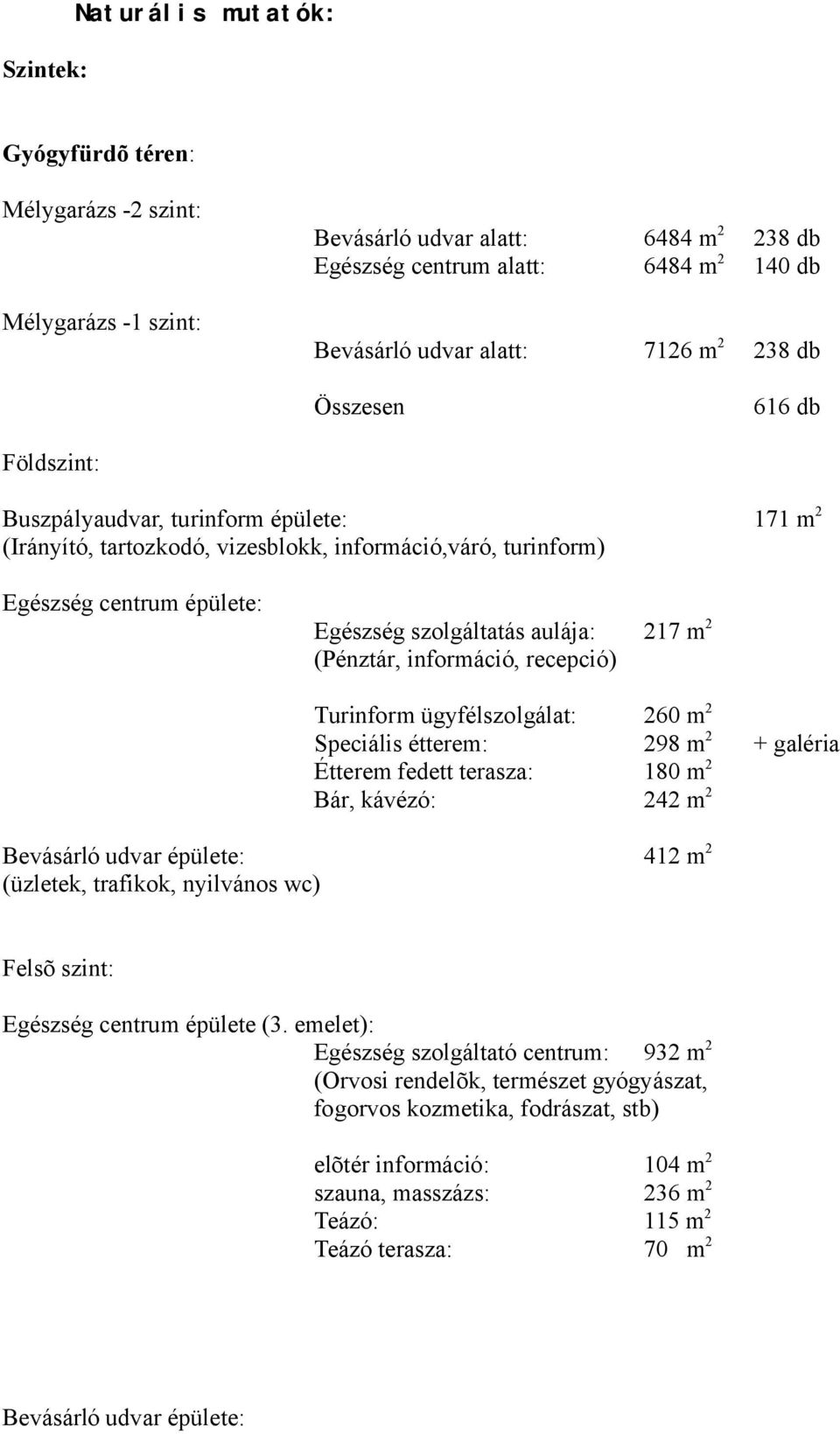 m 2 (Pénztár, információ, recepció) Turinform ügyfélszolgálat: 260 m 2 Speciális étterem: 298 m 2 + galéria Étterem fedett terasza: 180 m 2 Bár, kávézó: 242 m 2 Bevásárló udvar épülete: 412 m 2