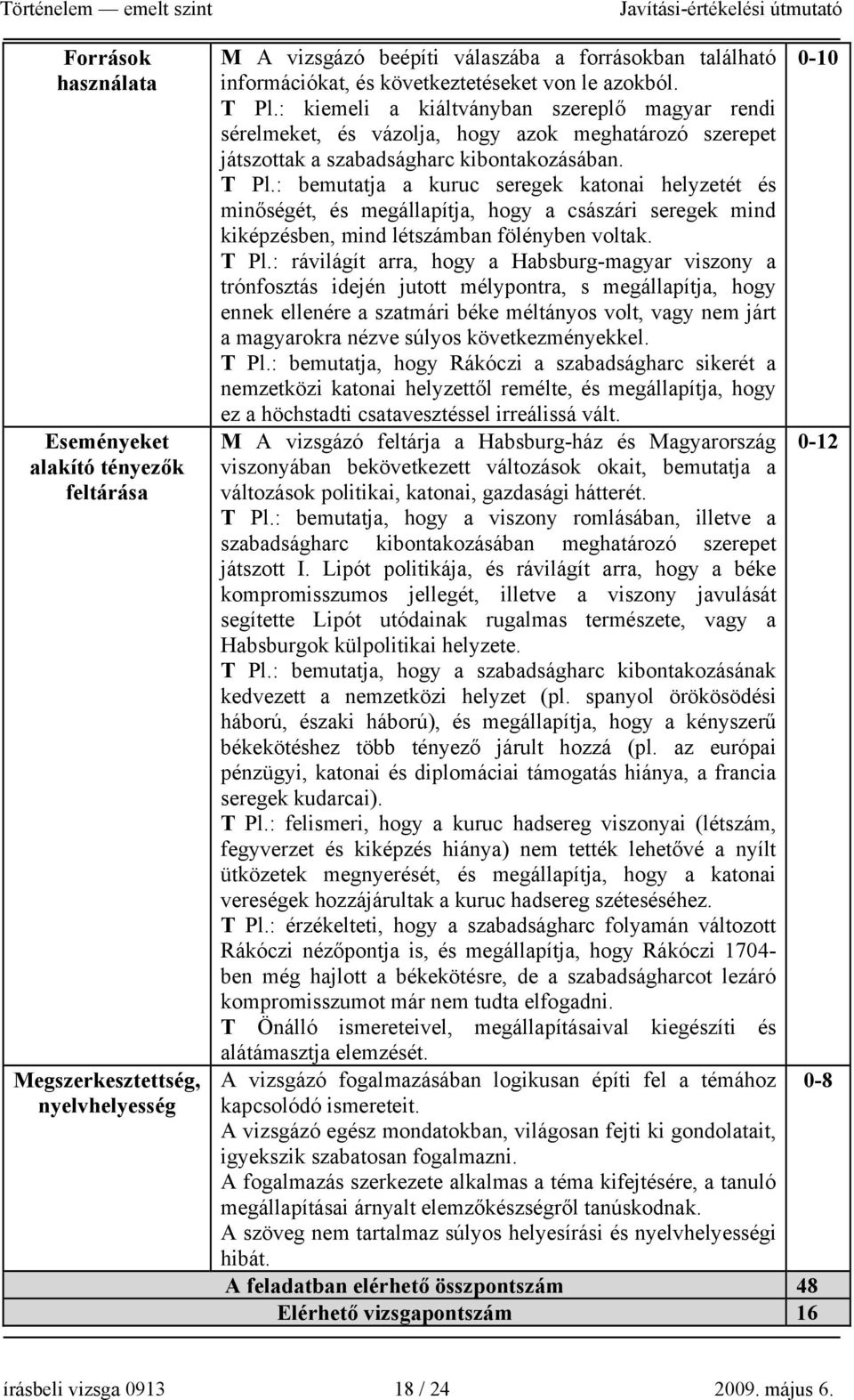 T Pl.: rávilágít arra, hogy a Habsburg-magyar viszony a trónfosztás idején jutott mélypontra, s megállapítja, hogy ennek ellenére a szatmári béke méltányos volt, vagy nem járt a magyarokra nézve