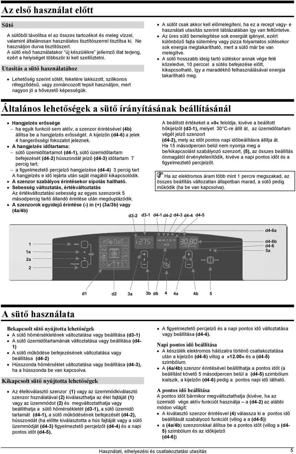 Utasítás a sütő használatához Lehetőség szerint sötét, feketére lakkozott, szilikonos rétegződésű, vagy zománcozott tepsit használjon, mert nagyon jó a hővezető képességük.