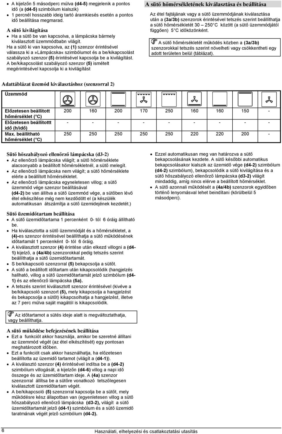 Ha a sütő ki van kapcsolva, az (1) szenzor érintésével válassza ki a»lámpácska«szimbólumot és a be/kikapcsolást szabályozó szenzor (5) érintésével kapcsolja be a kivilágítást.