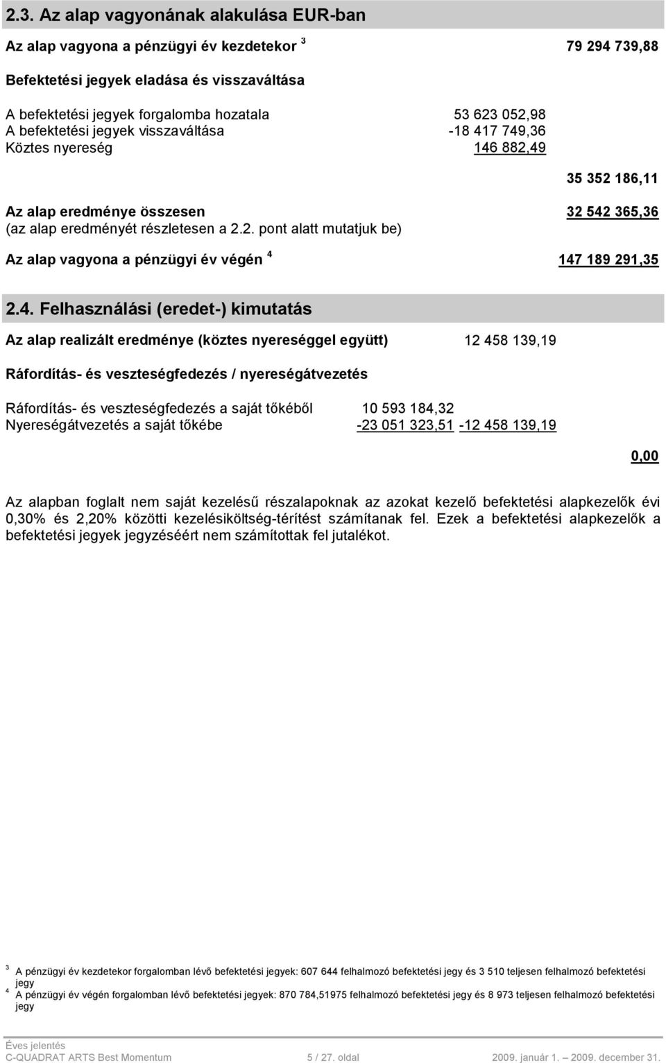 4. Felhasználási (eredet-) kimutatás Az alap realizált eredménye (köztes nyereséggel együtt) 12 458 139,19 Ráfordítás- és veszteségfedezés / nyereségátvezetés Ráfordítás- és veszteségfedezés a saját