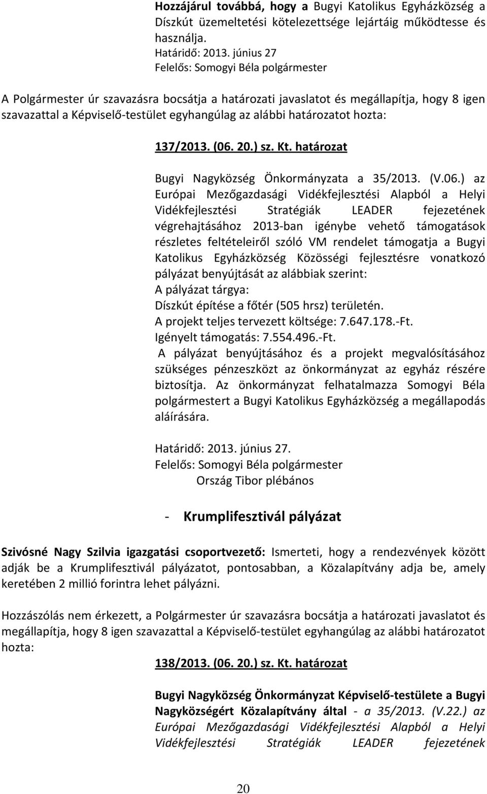 Kt. határozat Bugyi Nagyközség Önkormányzata a 35/2013. (V.06.