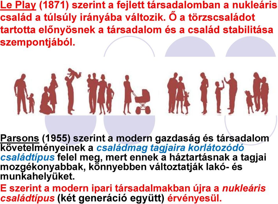 Parsons (1955) szerint a modern gazdaság és társadalom követelményeinek a családmag tagjaira korlátozódó családtípus felel meg,