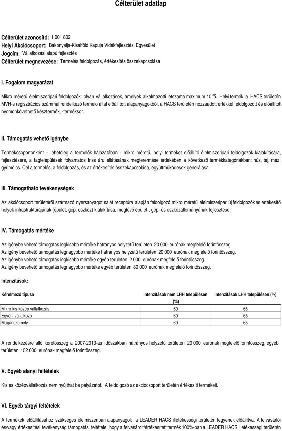 Helyi termék: a HACS területén MVHs regisztrációs számmal rendelkező termelő által előállított alapanyagokból, a HACS területén hozzáadott értékkel feldolgozott és előállított nyomonkövethető