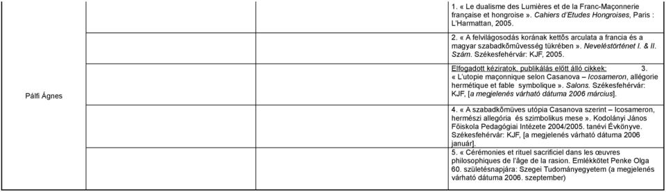 Elfogadott kéziratok, publikálás előtt álló cikkek: 3. «L utopie maçonnique selon Casanova Icosameron, allégorie hermétique et fable symbolique». Salons.