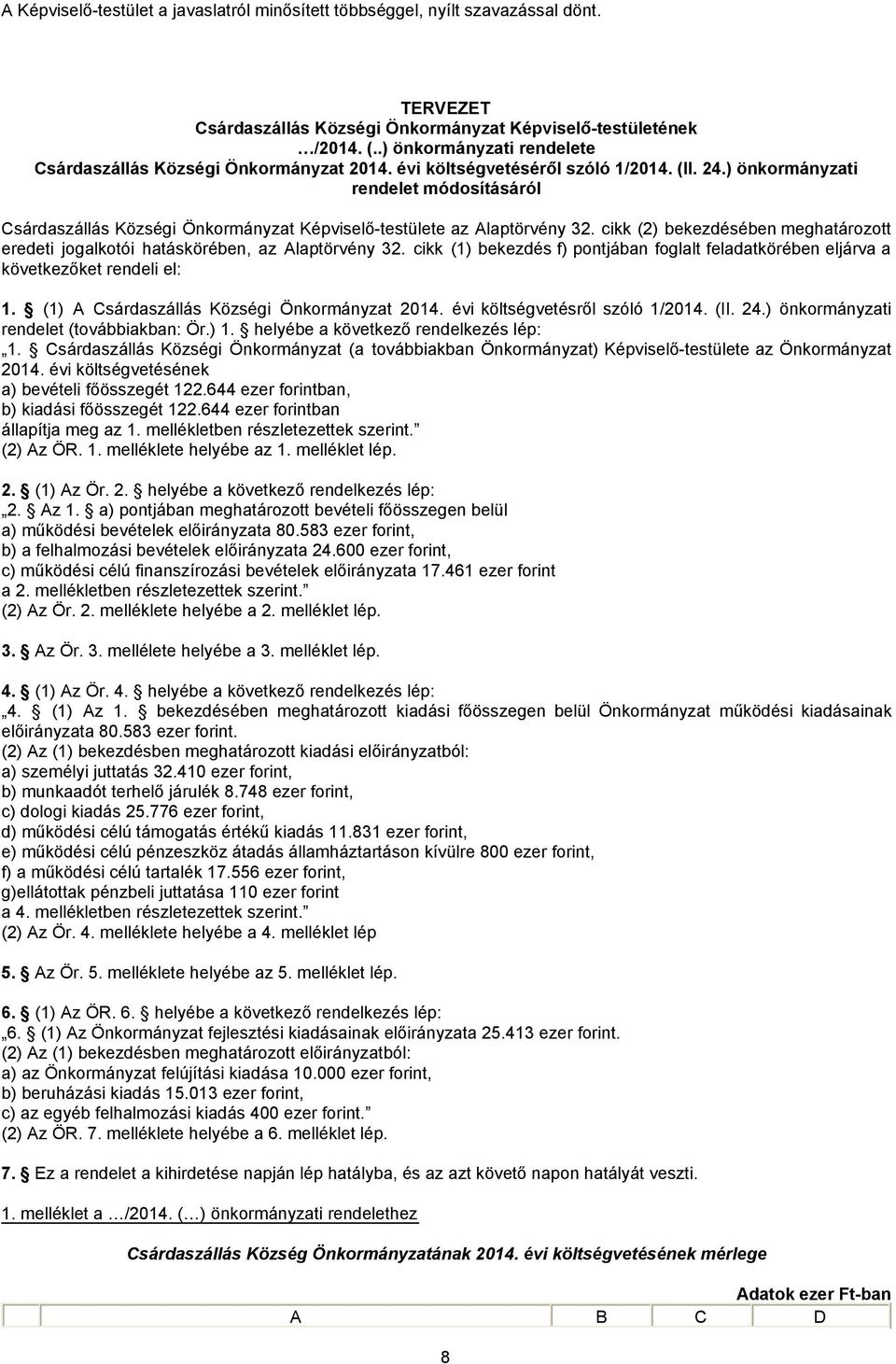 ) önkormányzati rendelet módosításáról Csárdaszállás Községi Önkormányzat Képviselő-testülete az Alaptörvény 32. cikk (2) bekezdésében meghatározott eredeti jogalkotói hatáskörében, az Alaptörvény 32.