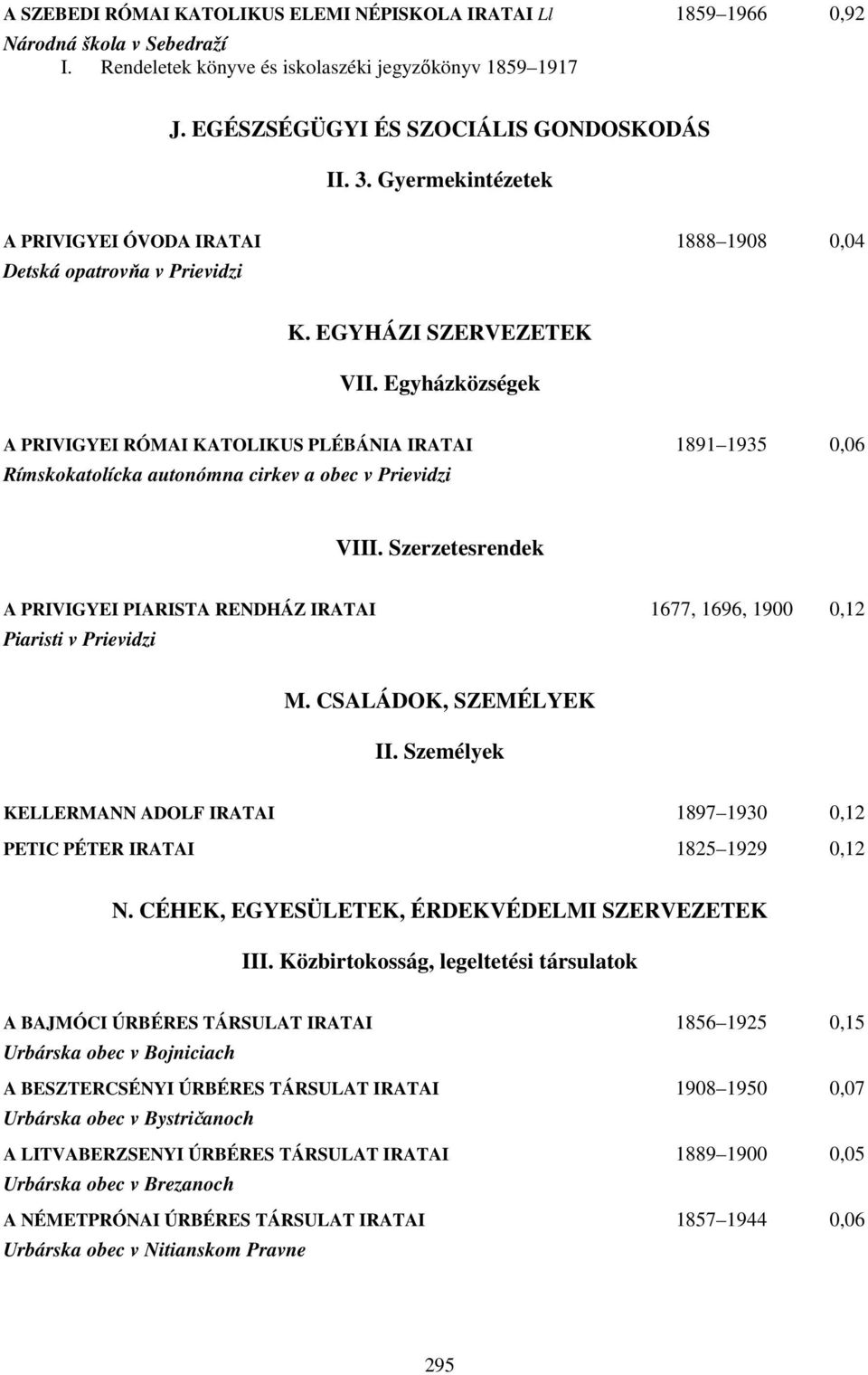 EGYHÁZI SZERVEZETEK V Egyházközségek A PRIVIGYEI RÓMAI KATOLIKUS PLÉBÁNIA IRATAI 1891 1935 0,06 Rímskokatolícka autonómna cirkev a obec v Prievidzi VI Szerzetesrendek A PRIVIGYEI PIARISTA RENDHÁZ