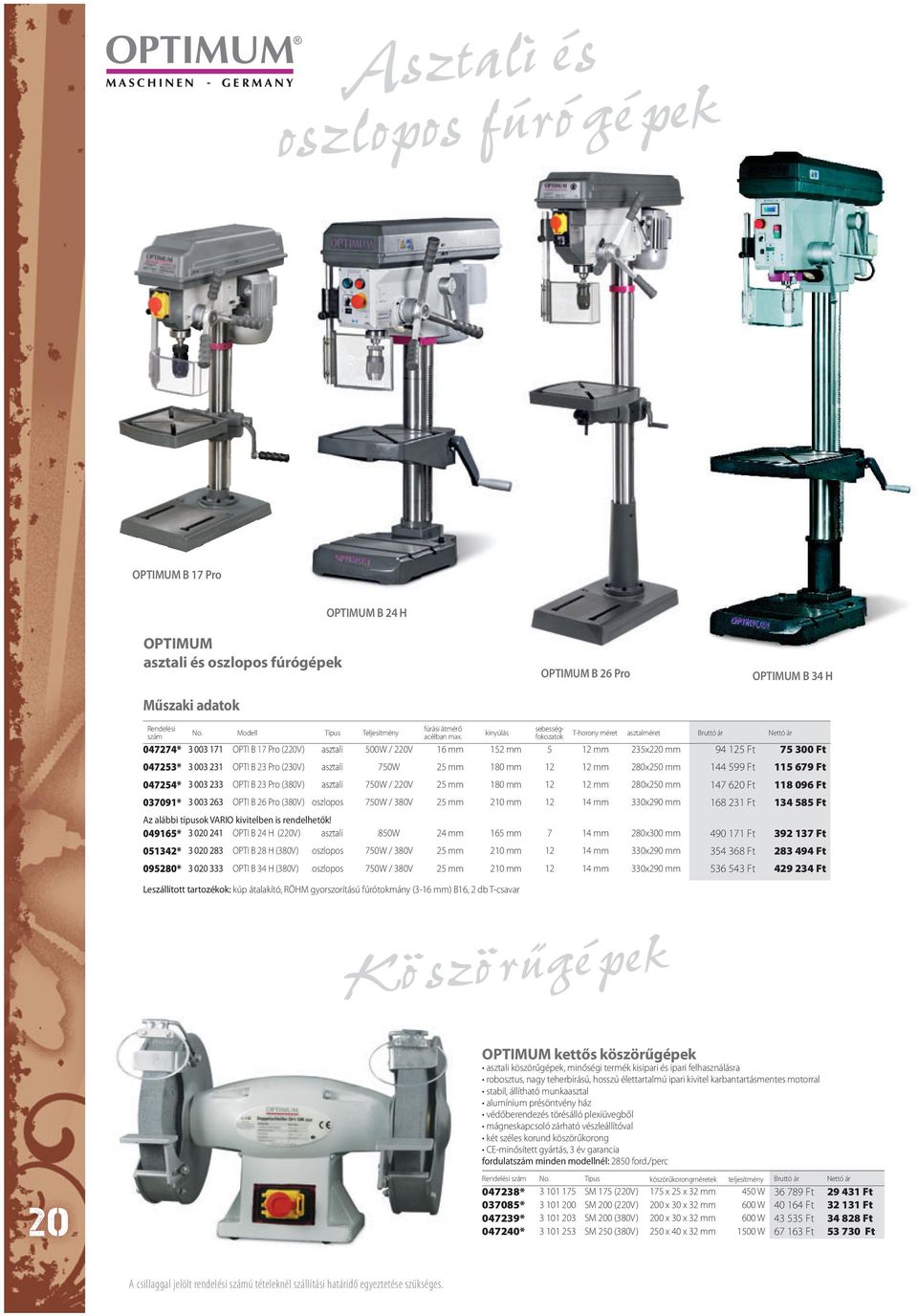 kinyúlás sebességfokozatok T-horony méret asztalméret Bruttó ár Nettó ár 047274* 3 003 171 OPTI B 17 Pro (220V) asztali 500W / 220V 16 mm 152 mm 5 12 mm 235x220 mm 94 125 Ft 75 300 Ft 047253* 3 003