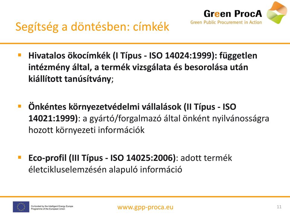 vállalások (II Típus - ISO 14021:1999): a gyártó/forgalmazó által önként nyilvánosságra hozott