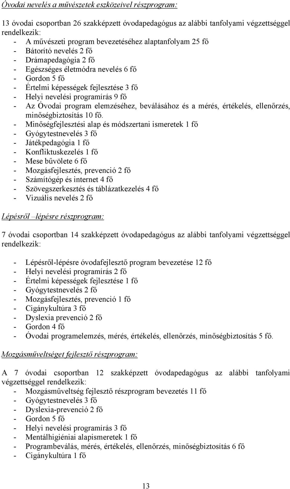 program elemzéséhez, beválásához és a mérés, értékelés, ellenőrzés, minőségbiztosítás 10 fő.