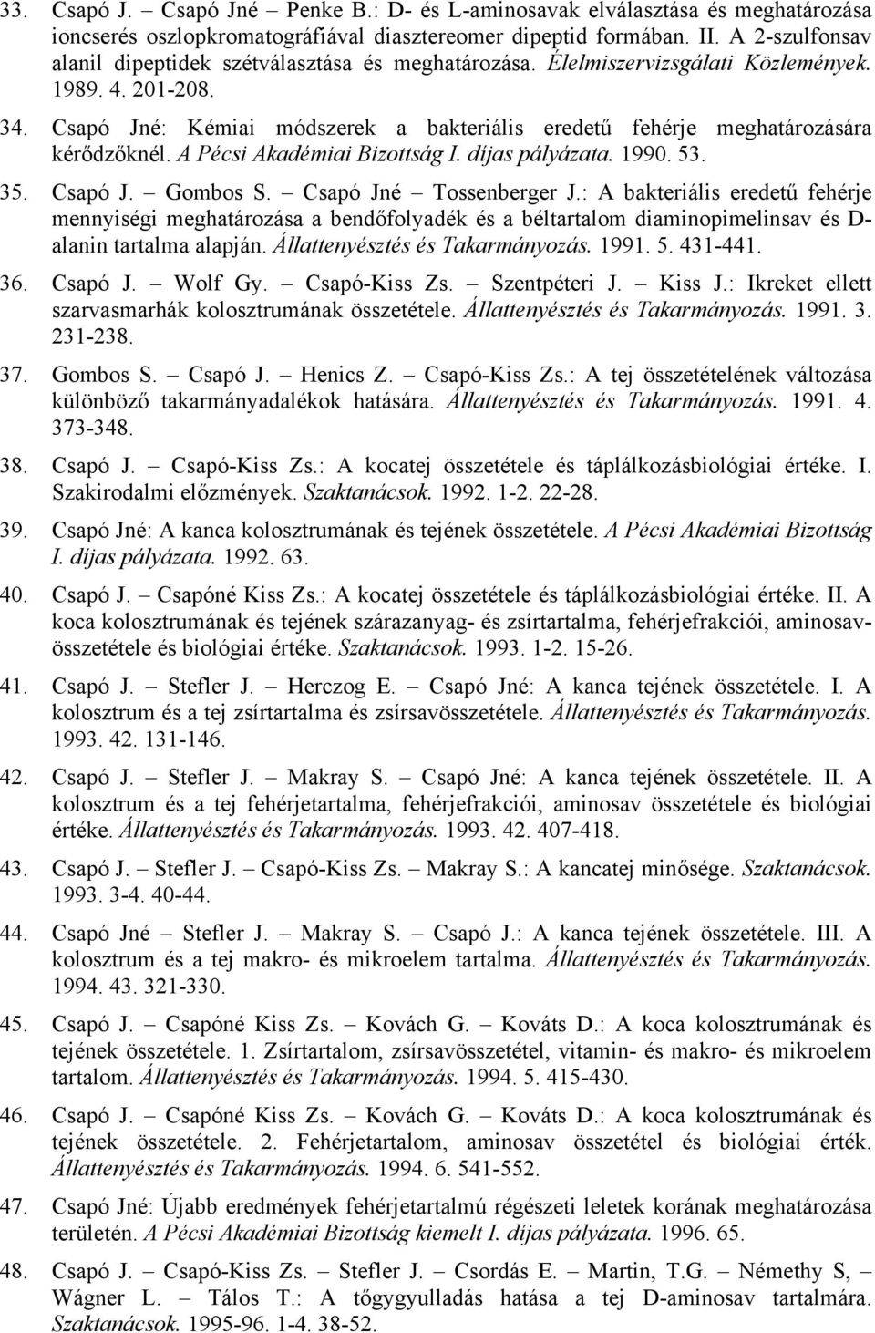 Csapó Jné: Kémiai módszerek a bakteriális eredetű fehérje meghatározására kérődzőknél. A Pécsi Akadémiai Bizottság I. díjas pályázata. 1990. 53. 35. Csapó J. Gombos S. Csapó Jné Tossenberger J.